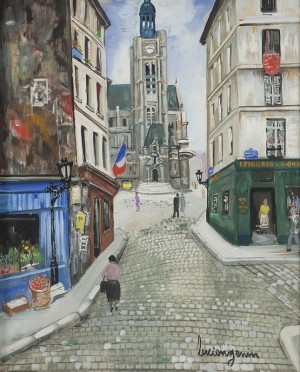 ''rue A Monmartre (sic)'', Street Scene With Church And Figures by Lucien GENIN