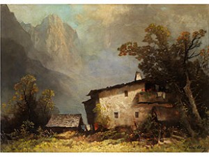 Bauernhaus Mit Balkon Und Nebengebäude Hinter Bäumen In Den Alpen by Oskar MULLEY