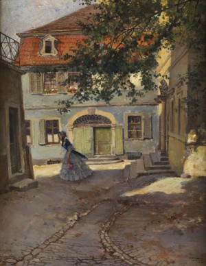 Sonnenbeschienener, Biedermeierlicher Gebäudehof Mit Junger Dame In Langem Kleid by Carl Leopold VOSS