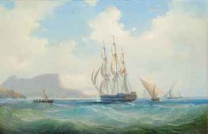 A Royal Navy Warship Running Into Gibraltar At Dusk, With Xebecs And Other Shipping Off Her Starboard Quarter by Vilhelm MELBYE