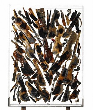 Untitled, Burned And Sliced Violins Placed In Polyester In A V-shape Pattern by Fernandez ARMAN