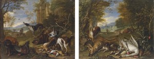 A Hound Guarding Dead Game Birds, A Stag And A Hare, With Huntsmen In A Landscape; And Hounds With A Dead Swan, Hare And A Boar, With Huntsmen In A Landscape by Adriaen De GRYEFF