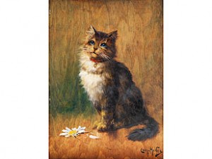 Sitzende Katze Mit Rotem Glöckchen-halsband Vor Einer Margarite by Léon Charles HUBER