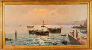 Skymning över Medelhavet Med Fiskebåtar Och Brygga by Vincenzo D'AURIA - auction artwork with signature