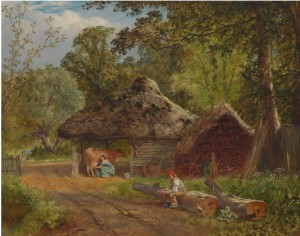 Country Scene With Milkmaid And Thatched Buildings by John Henry DELL