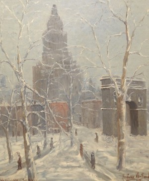 Washington Square In Snow by Ragnar OLSON - auction artwork with signature