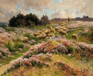 A Shepherd Herding His Flock Across Moorland by Edouard PAIL