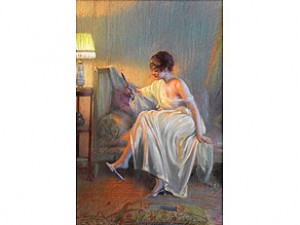Junge Frau Im Negligé Auf Einem Bettsofa Mit Handspiegel by Delphin ENJOLRAS