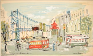 San Francisco Scene With Trolleys And Bridge by Claude RODEWALD - auction artwork with signature