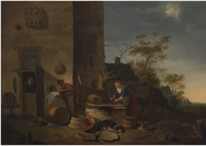 Farmhouse Yard, Kitchenmaid Cleaning Fish by Egbert Lievensz Van Der POEL