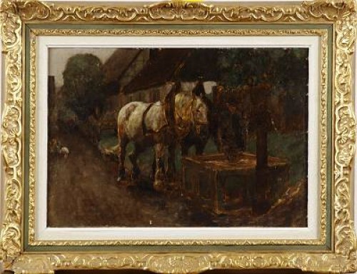 Gårdsexteriör Med Hästar by Willy BRANDES - auction artwork with signature