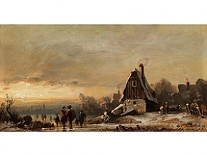 Winterlandschaft Mit Verschneiten Häusern Und Figurenstaffage Auf Vereistem See Unter Diesigem Wolkenhimmel In Sonnenuntergangsstimmung by August SEIDEL
