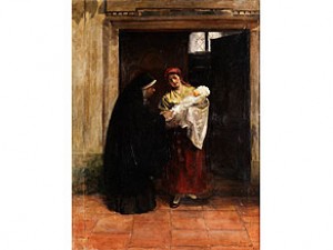 Junge Frau Mit Wickelkind An Einer Klosterpforte Mit Klosterfrau by August Von BRANDIS
