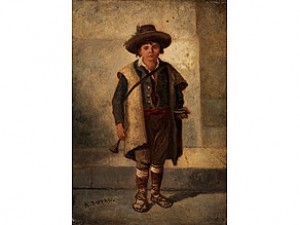Italienischer Bettlerknabe Mit Sammelschale Und Kleiner Trompete by Charles Allen DUVAL