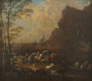 Figures In Orientalist Costume At Seaport With Anchoring Ships, Camels And Horses, Parcels And Goods. In Foreground Recumbent Cows, Calfs And Sheep May Been Scene. by Jean Baptiste Van Der MEIREN