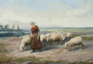 A Shepherdess With Her Flock by Jef Louis Van LEEMPUTTEN - auction artwork with signature