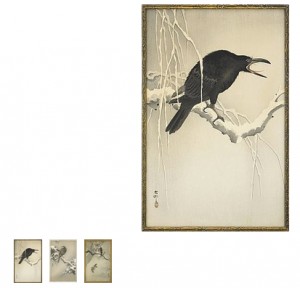 3 St Shin-hanga, Kraxande Kråka, örn På Snötyngd Gren, Uggla Och Mesar by Ohara KOSON