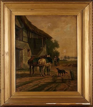 Gård Med Hästar Och Hund by Charles DUDLEY - auction artwork with signature