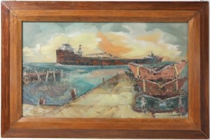 Great Lakes Ore Boat by Grace MCFARREN - auction artwork with signature