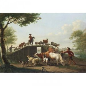 Drovers Crossing A Bridge With Their Flocks, A Town In The Distance by Jan Van GOOL