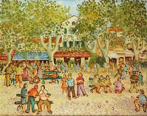 Figures Playing Boules Near Cafe In St. Tropez by Georges FLANET - auction artwork with signature