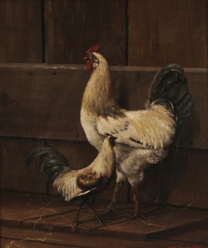 Two Chickens By A Door by Louis H. BURR - auction artwork with signature