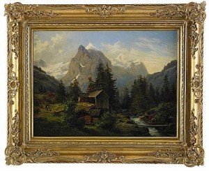 Bergslandskap Med Vandrare Och Kvarnbyggnad by Edward BERGH