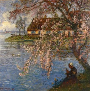Figures On Riverbank With Flowering Tree by Eugène Henri Alexandre CHIGOT