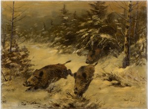 Boars In A Winter Forest by Wilhelm (Willi) LORENZ