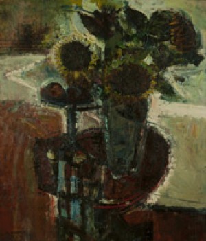 Sunflowers On A Red Table by Robert Aaron FRAME