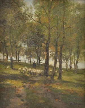 Shepherd And Sheep In A Lane by Charles Paul GRUPPE