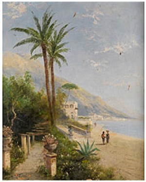 Italienische Küstenlandschaft Mit Palmen Zwischen Uferpromenade Und Pergola by Georg FISCHHOF