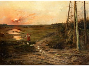 Gänsehirten Am Waldrand Im Abendlicht by Jozef CHELMONSKI - auction artwork with signature