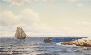 Painting Of Lobsterman At Work With A Sailboat Passing By by William Frederick De HAAS