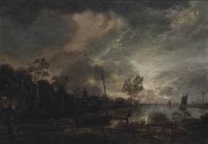 A Moonlit River Landscape With Shipping And A Town Beyond by Aert Van Der NEER