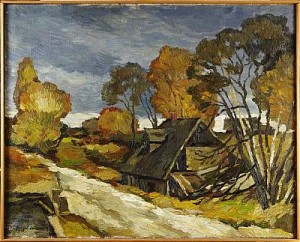 Landskapsmotiv Med Hus by Jurgis SKULME - auction artwork with signature