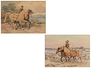 Paar Aquarelle Mit Kosaken Und Pferden by Juliusz Fortunat Von KOSSAK