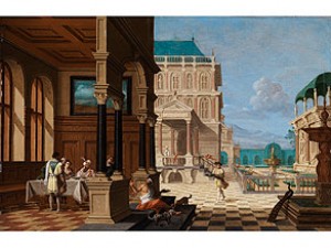 Palasthof Mit Loggia Und Figurenstaffage by Nicolaes De GISELAER - auction artwork with signature