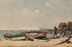 Two Figures On A Beach With Boats And Fishing Nets by Millard SHEETS