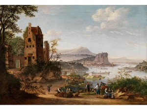 Hafenlandschaft Mit Ruinösem Turmgebäude Und Reicher Figurenstaffage by Louis CHALON