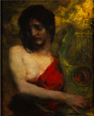 Halbakt Einer Jungen Frau In Rotem Kleid Mit Lyra by Ferdinand KELLER