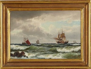 ångbark Och Segelfartyg På öppet Hav by Carl Ludwig BILLE