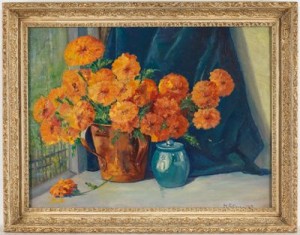 Still Life With Marigolds And Copper Pot by M. STAN - auction artwork with signature