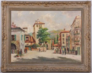 European Street Scene With Flower Sellers by Dennis AINSLEY - auction artwork with signature