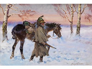 Soldat Führt Sein Pferd In Einer Winterlandschaft Mit Birken Und Rötlichem Abendhimmel by Jerzy KOSSAK
