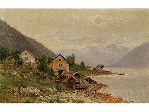 Landschaft Mit Häusern Und Fischerhütten An Einem Fluss, Im Hintergrund Mit Schnee Bedeckte Berge by Walter MORAS