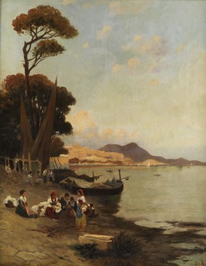 Süditalienische Hafenbucht Mit Rastenden Fischern Vor Anliegenden Kähnen Unter Pinien by Carl FEY