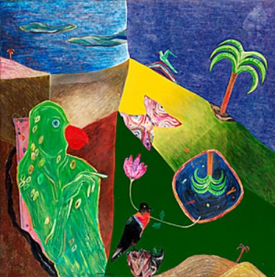 Green Parrot With Pink Lotus by K MURALIDHARAN - auction artwork with signature