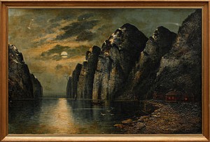 Norskt Fjordlandskap Med Hus Och Båtar by Olav BRYSTORP - auction artwork with signature