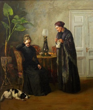 Interior Scene With Mourning Women And Dog by Alexei Avakumovich NAUMOV